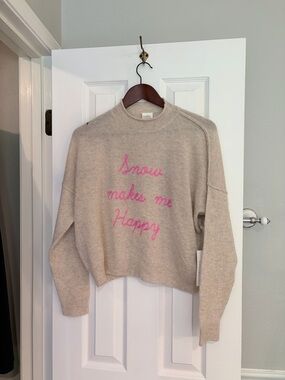 *Hole* Golden Sun Cashmere Sweater Snow Makes Me Happy Embroidered XS S NWT